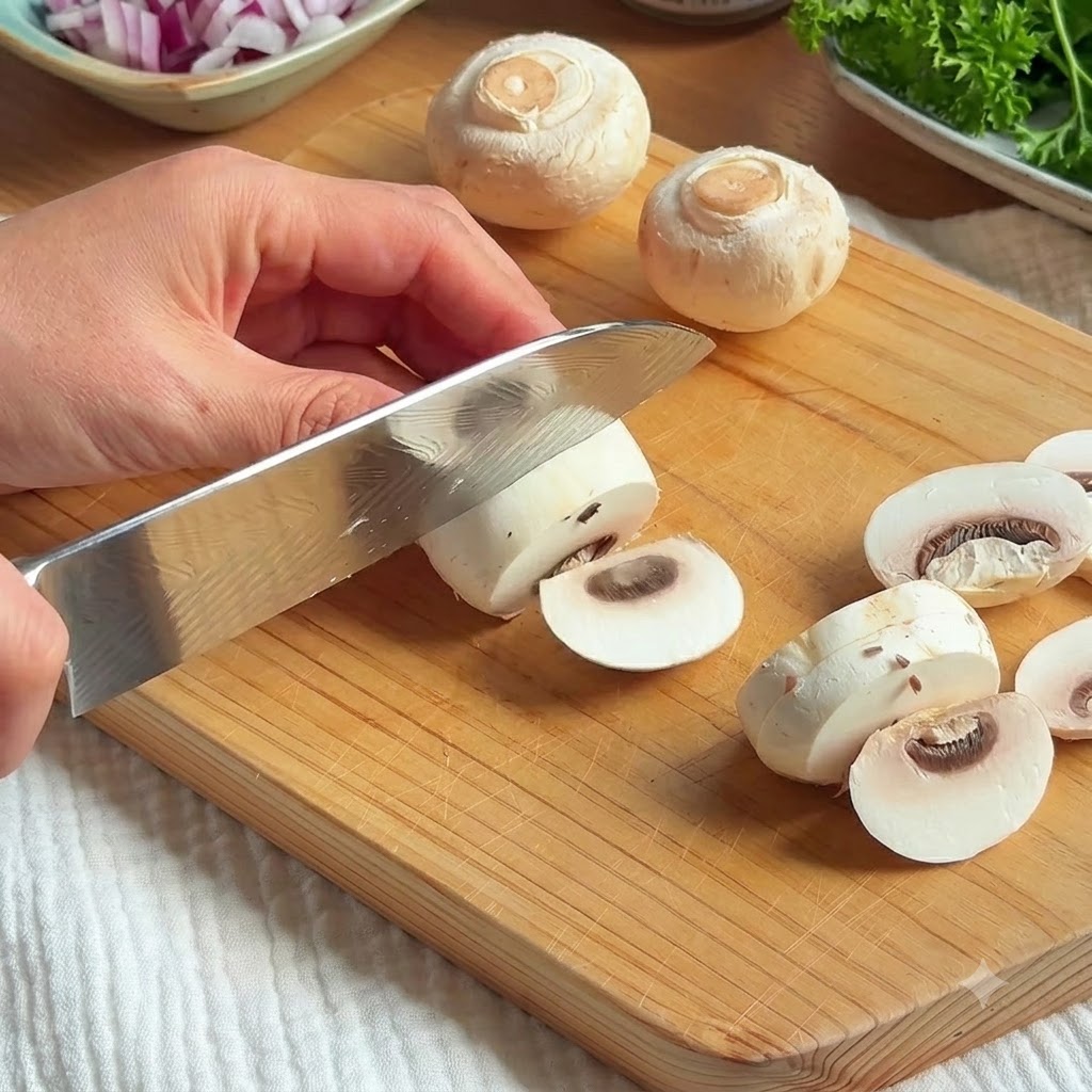 Świeże białe grzyby krojone nożem kuchennym na drewnianej desce do krojenia.
