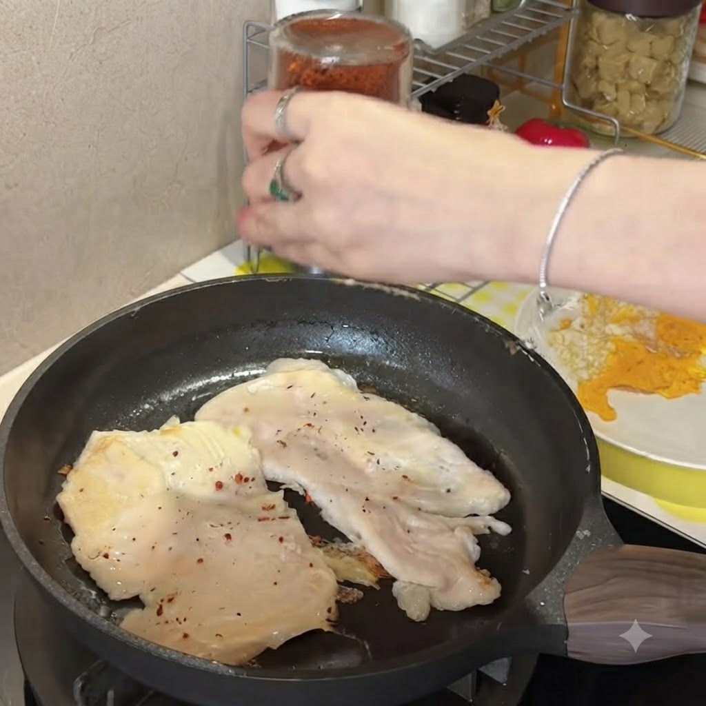 Dłoń potrząsająca szklanym słoiczkiem z przyprawą, posypując czerwonymi płatkami chili dwa kotlety z kurczaka na patelni.