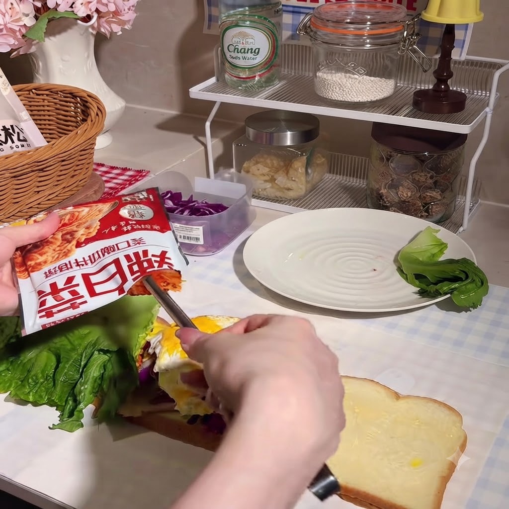 Kimchi nakładane na rosnącą stertę składników kanapki.