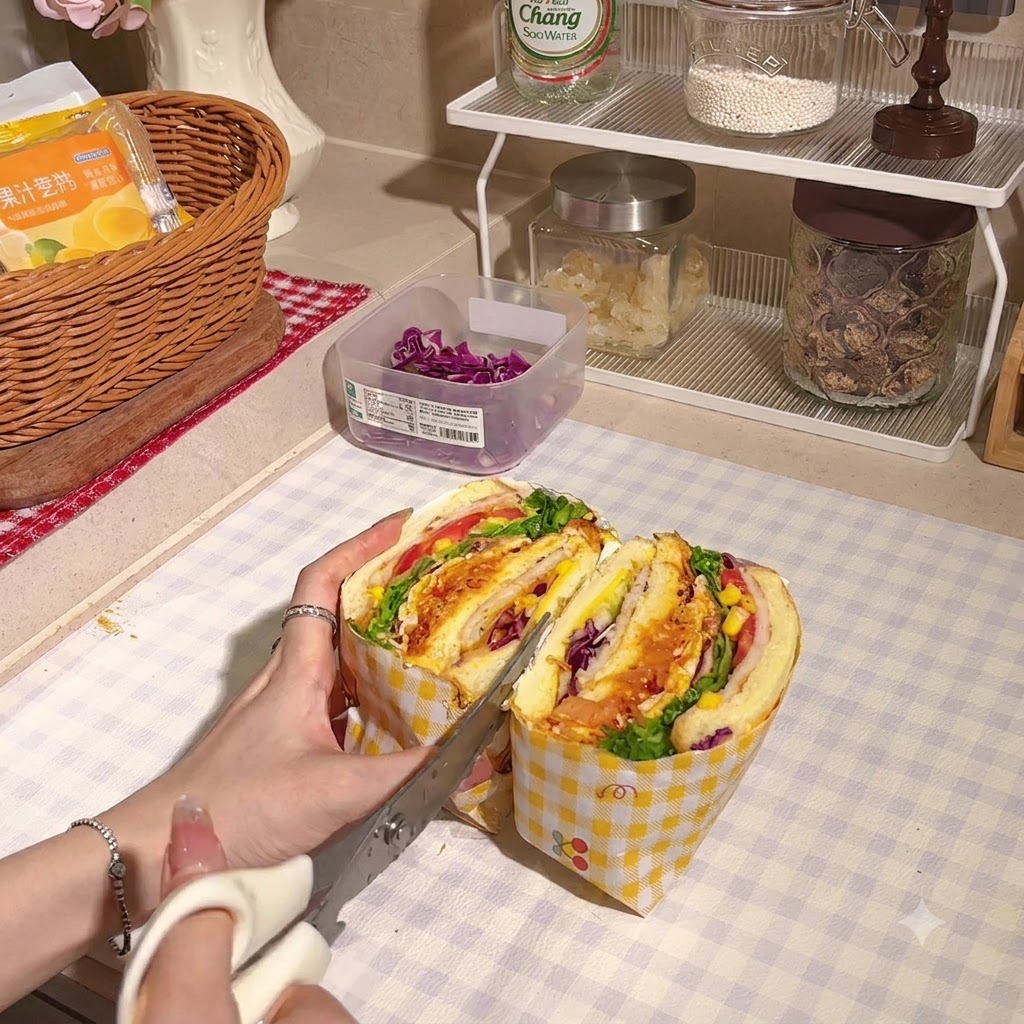 Nożyce kuchenne krojące zawiniętą kanapkę na pół, aby pokazać jej przekrój.