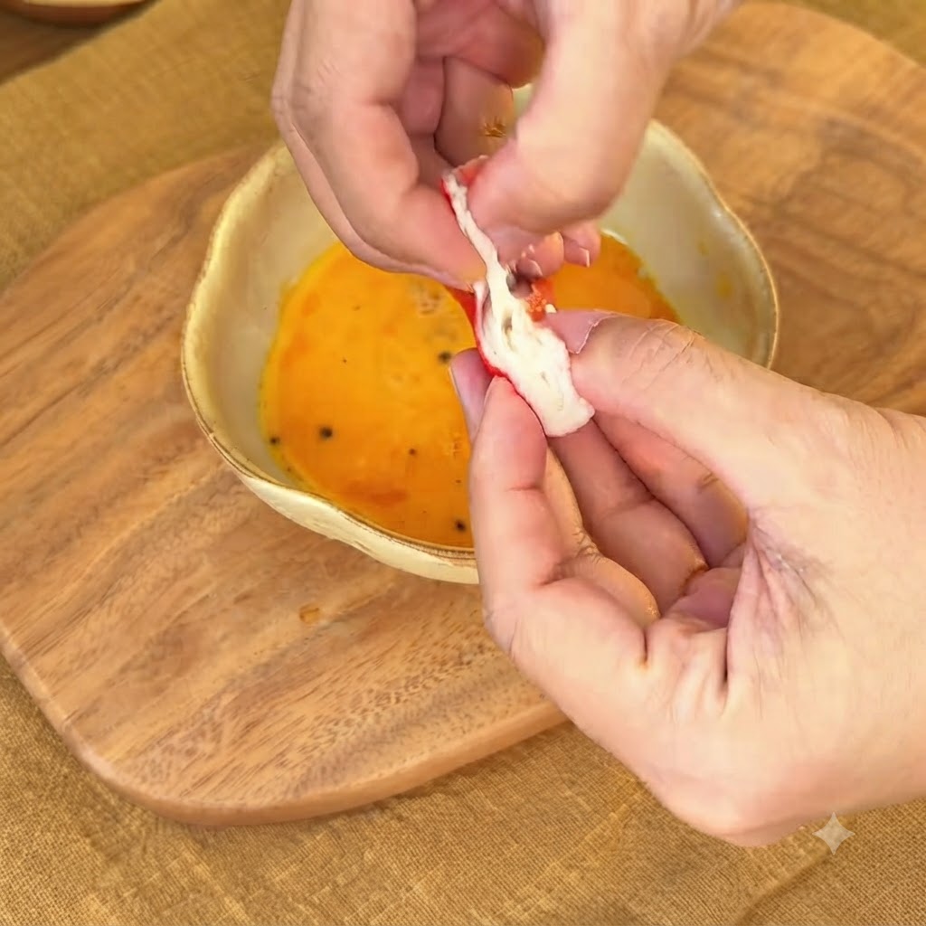 Kawałki paluszków surimi dodawane do miski z surowymi jajkami.