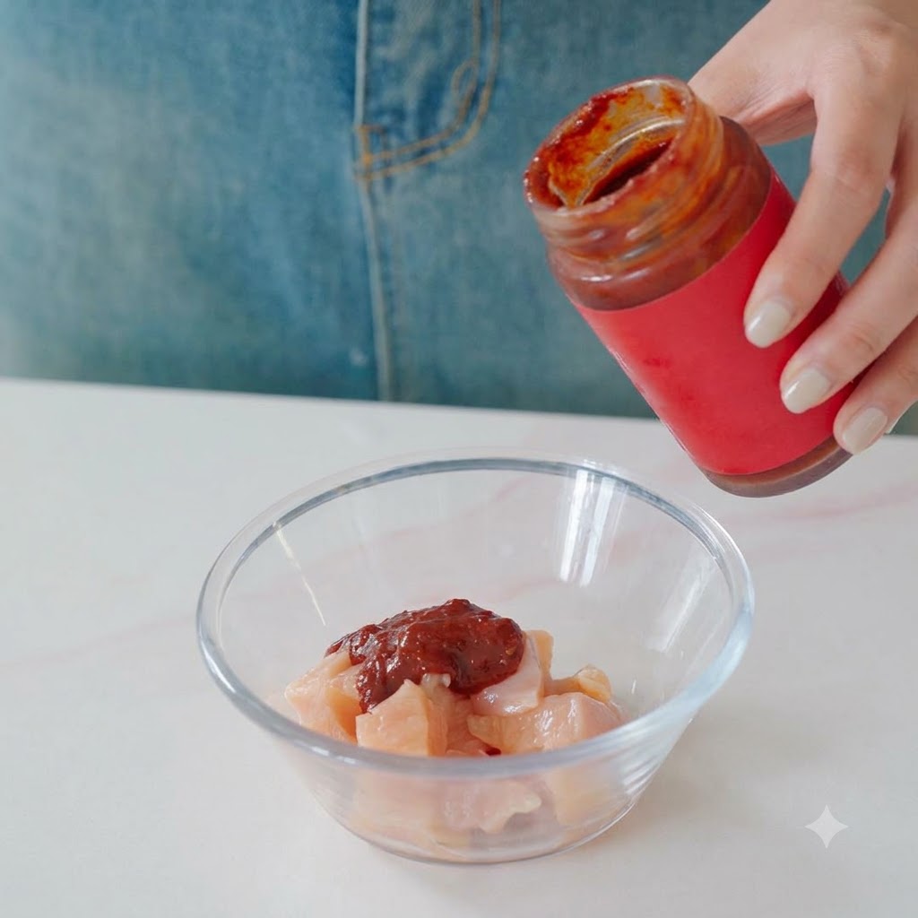 Koreańska pasta chili i inne przyprawy wlewane ze słoiczka do szklanej miski z kawałkami kurczaka.