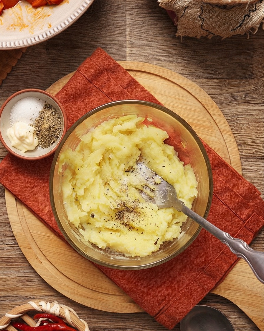 Mielony czarny pieprz i sól dodawane do puree ziemniaczanego.
