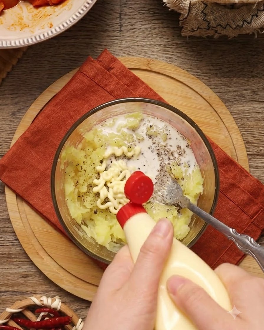 Majonez i mleko dodawane do miski z puree ziemniaczanym.