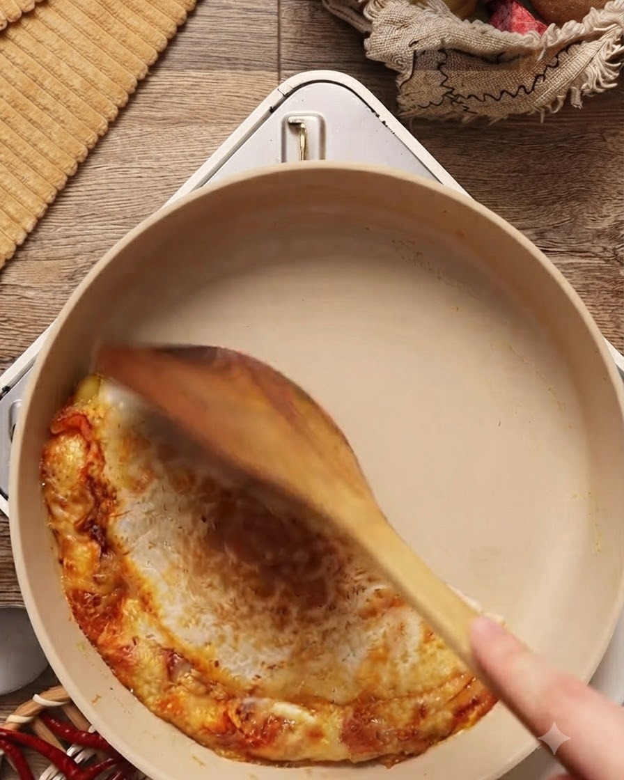 Kimchi i zamarynowany kurczak smażące się i mieszane na patelni za pomocą drewnianej łopatki.