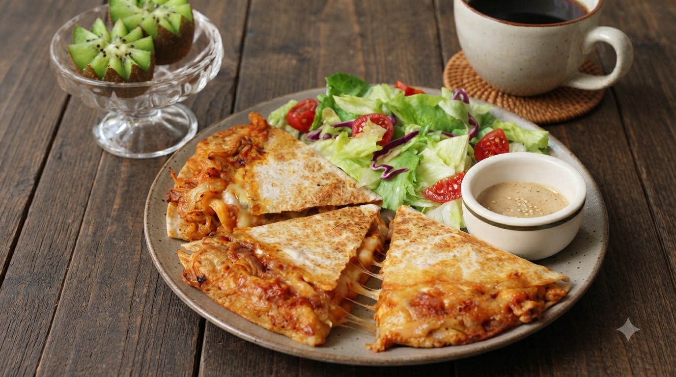 Złocista, serowa quesadilla z kurczakiem i kimchi pokrojona w trójkąty, podana ze świeżą sałatką i kubkiem kawy.