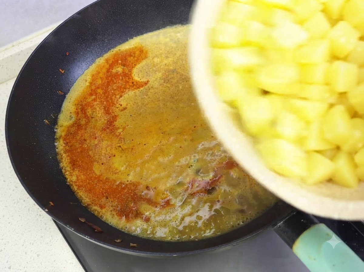 Dłoń wsypująca miskę pokrojonych w kostkę żółtych ziemniaków do ciemnej patelni z gotującym się sosem curry.
