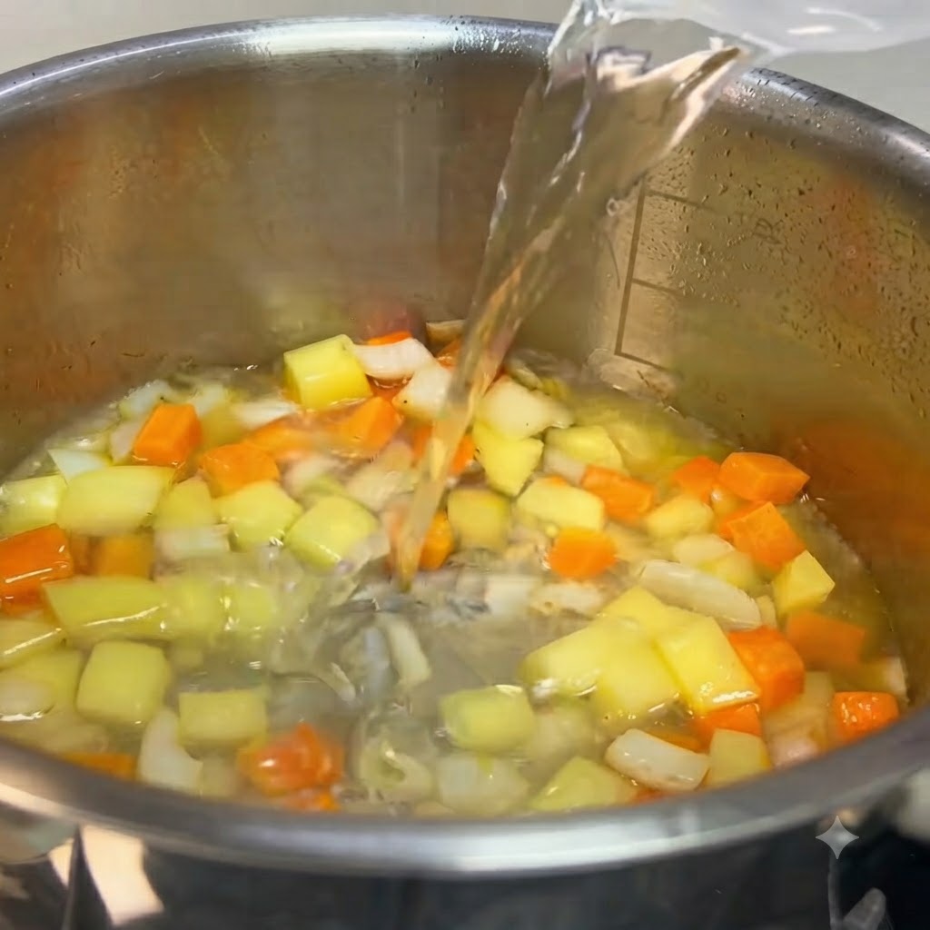 Kostki curry i płyn wlewane do garnka z pokrojonymi warzywami, takimi jak ziemniaki i marchewka.