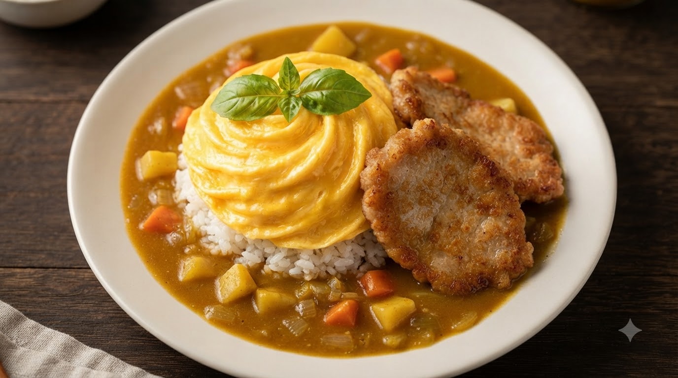 Japońskie curry z kotletem wieprzowym i omletem wirującym