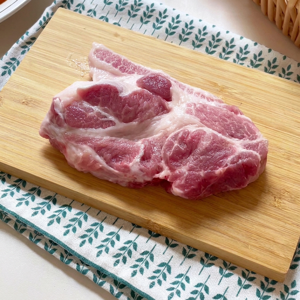 Surowy kotlet wieprzowy rozbijany tłuczkiem do mięsa na drewnianej desce.