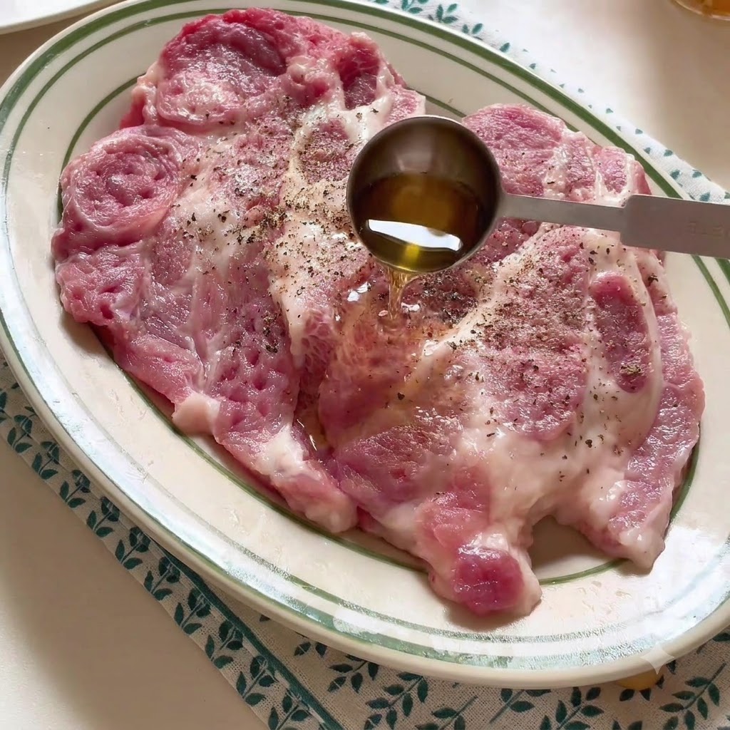 Kotlet wieprzowy na talerzu doprawiany winem do gotowania i przyprawami.