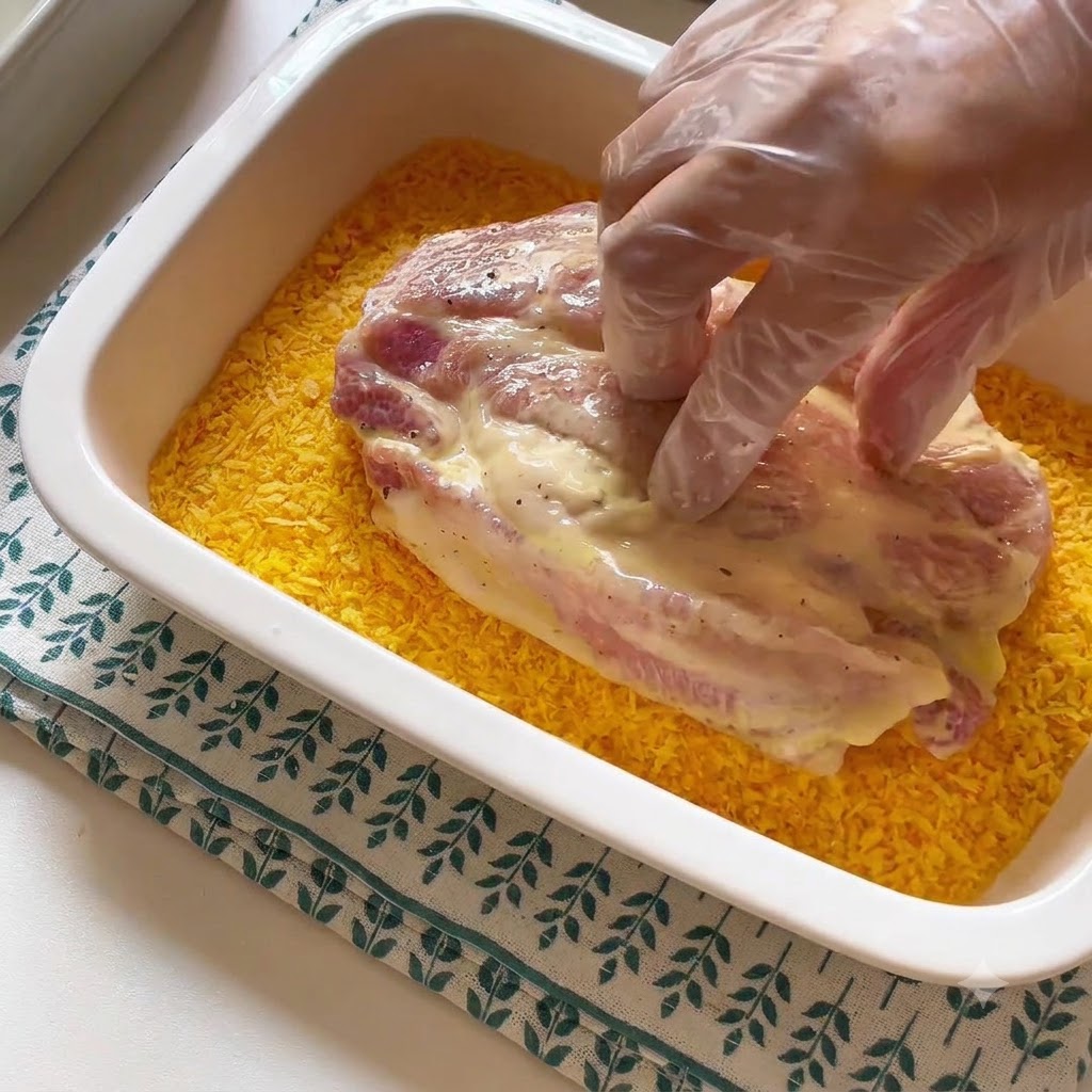 Kotlet wieprzowy dociskany w tacy z żółtą bułką tartą przy użyciu rękawic.