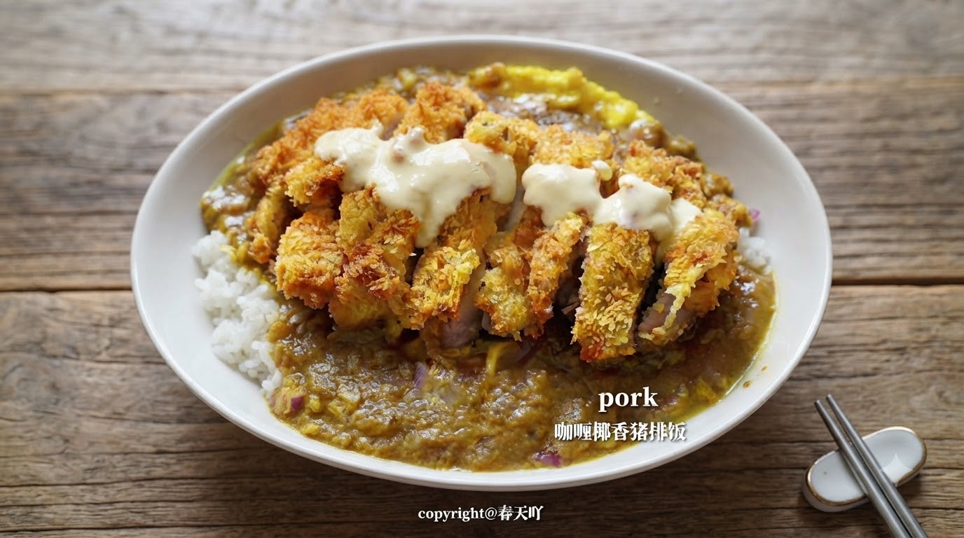 Zbliżenie na ryż z kotletem wieprzowym w sosie kokosowo-curry, przedstawiające złociste, chrupiące kotlety polane kremowym sosem kokosowo-serowym.