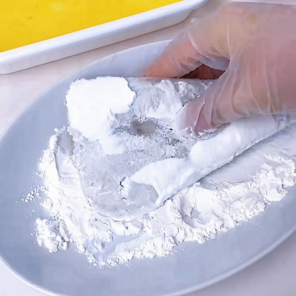 W rękawiczce dłoń zanurza obtoczony w mące kotlet krewetkowy w pojemniku z jaskrawożółtym, roztrzepanym jajkiem.