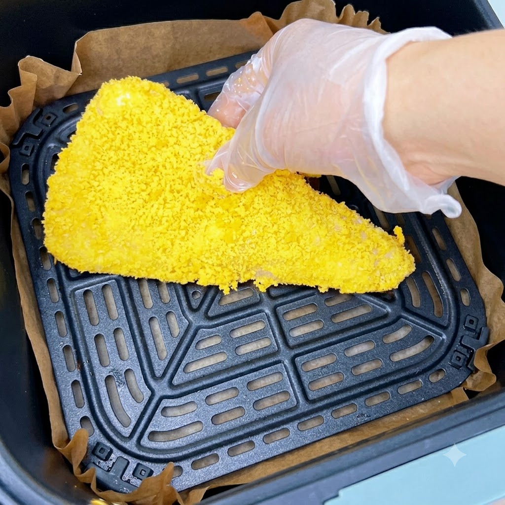 W pełni spanierowany żółty kotlet krewetkowy umieszczany w koszu frytkownicy powietrznej wyłożonym papierem do pieczenia.