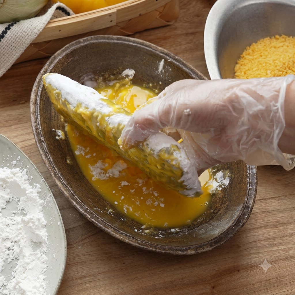 Ręka w rękawiczce zanurzająca panierowany kotlet w misce z roztrzepanym, żółtym płynem jajecznym.