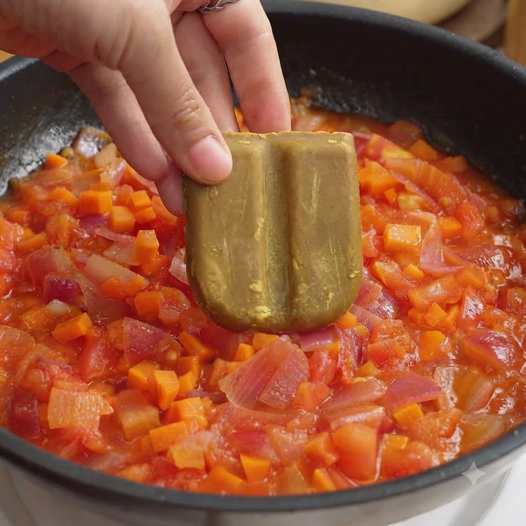 Ręka trzymająca kostkę curry nad patelnią wypełnioną mieszaniną posiekanych pomidorów, cebuli i marchewki.