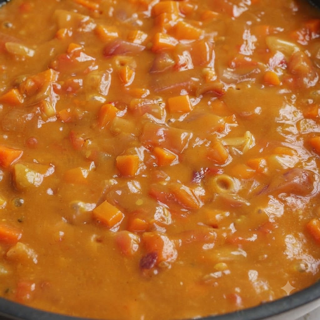 Zbliżenie na gęsty, kremowy sos curry duszący się z drobno posiekaną marchewką i pomidorami na patelni.