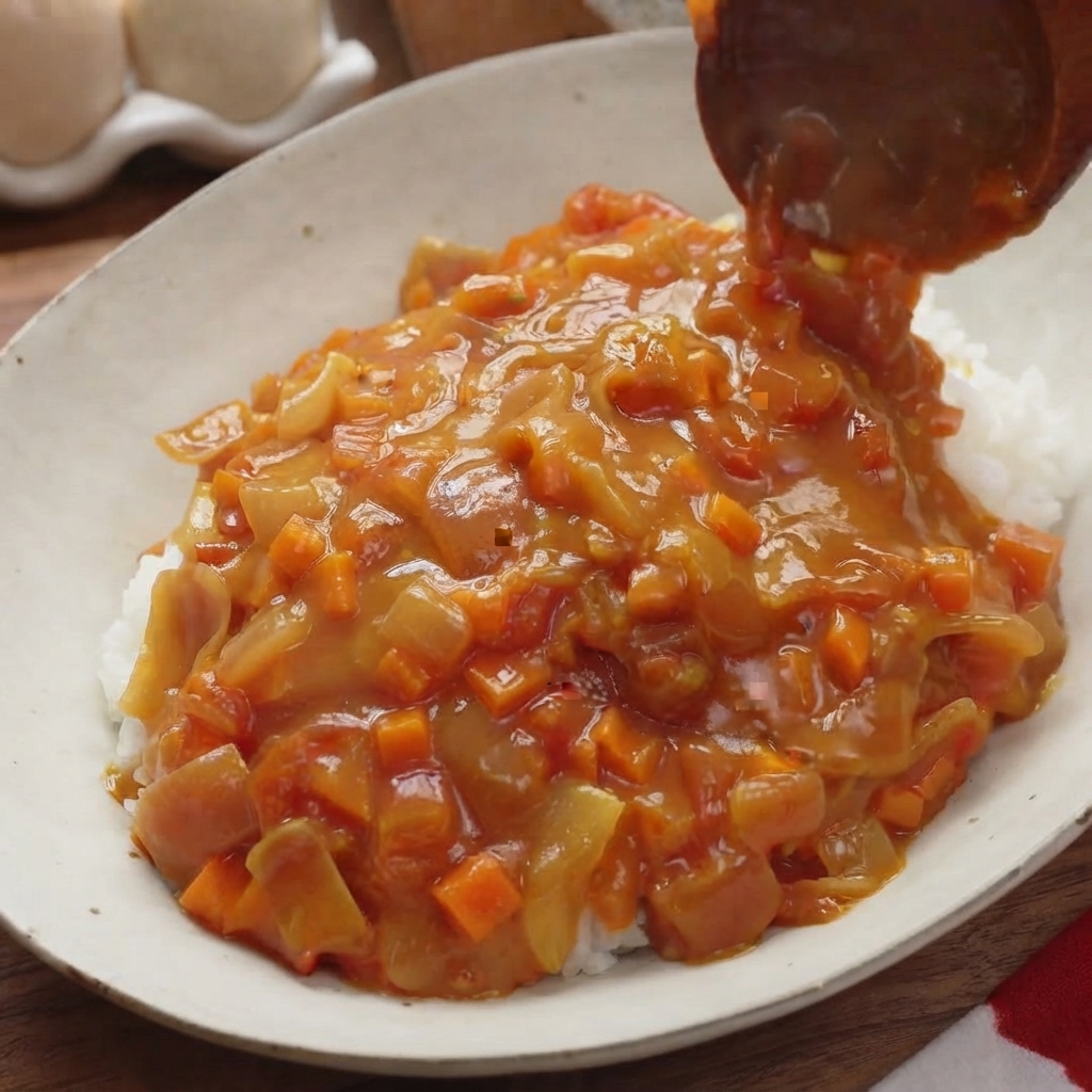 Drewniana łyżka nakładająca gęsty, kawałkowy sos curry z pomidorami i marchewką bezpośrednio na łóżko z białego ryżu.