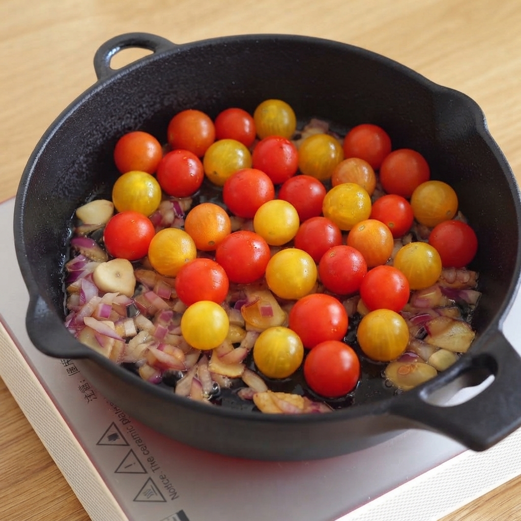 Świeże czerwone i żółte pomidorki koktajlowe rozsypane na podsmażonej cebuli i czosnku na czarnej żeliwnej patelni.