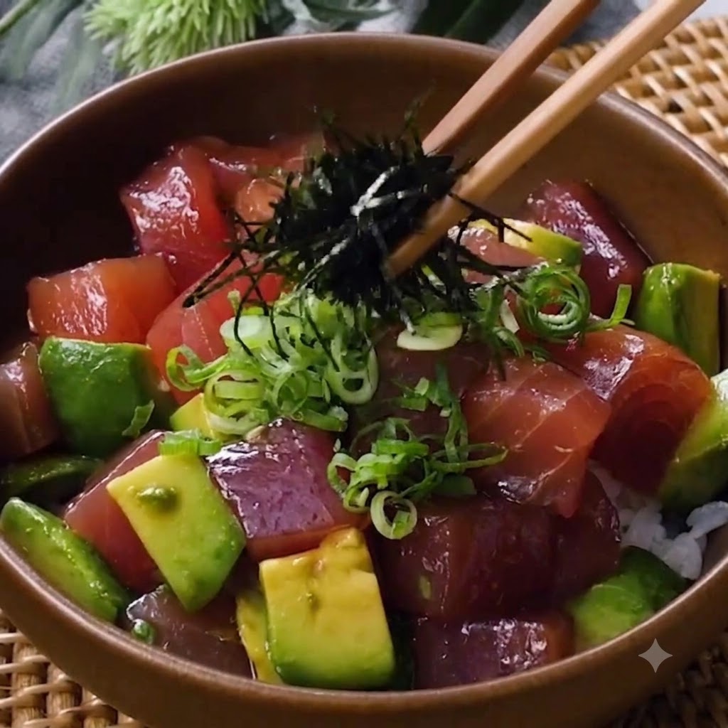 Pałeczki umieszczające szczyptę rozdrobnionych wodorostów na środku poke bowl jako dekorację.