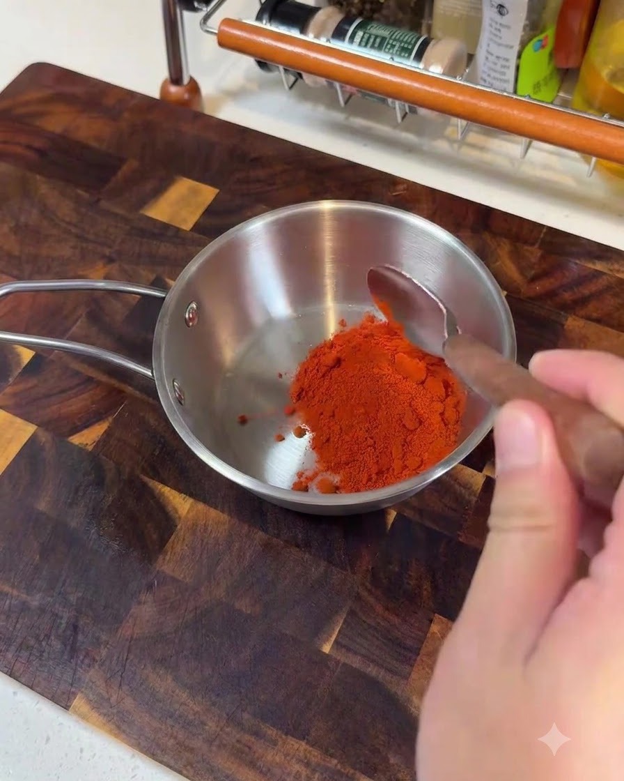 Drobne i grube płatki chili, pasta gochujang oraz inne przyprawy umieszczane w małym, metalowym rondelku.
