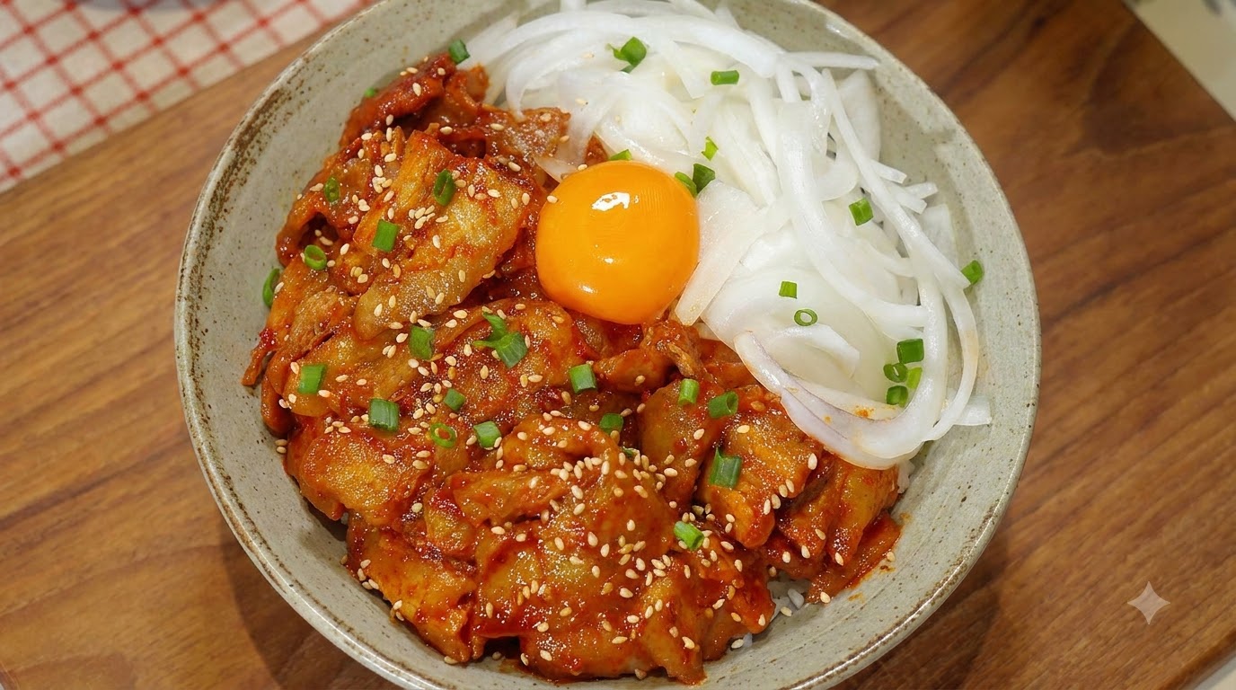 Pikantny Wieprzowy Bibimbap z Żółtkiem Jajka