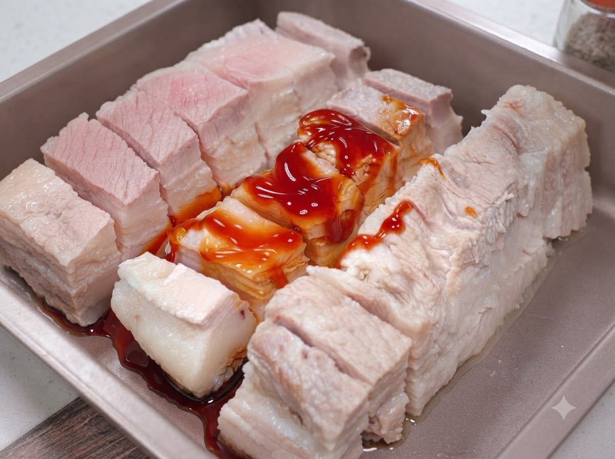 Przyprawa BBQ w proszku nakładana i wmasowywana w paski boczku.
