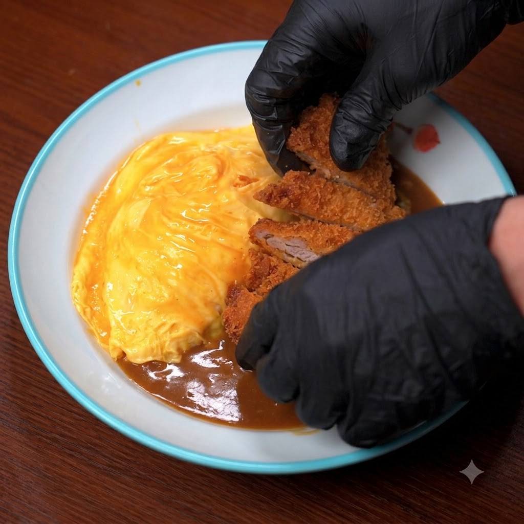 Para w rękawiczkach układająca pokrojony chrupiący kotlet wieprzowy na daniu z curry, ryżem i omletem.