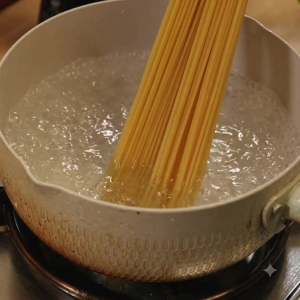 Surowy makaron spaghetti wrzucany do garnka z gotującą się wodą na kuchence.