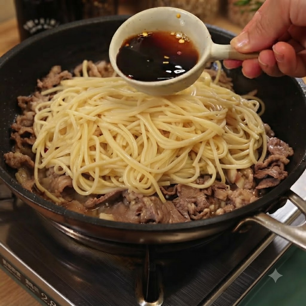 Chochla wypełniona ciemnym, wyrazistym sosem wylewanym na makaron spaghetti i wołowinę na patelni.