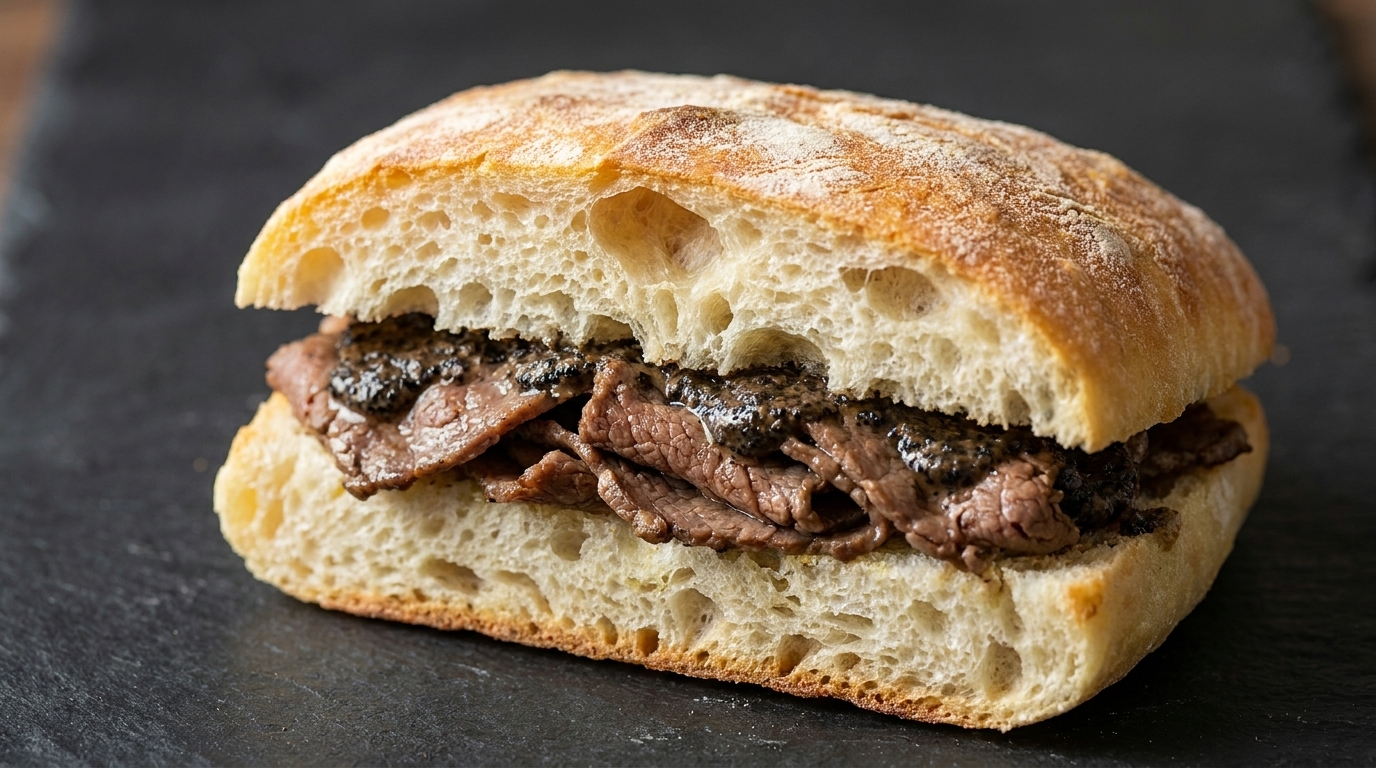 Ciabatta wołowa z piklowanymi warzywami i czarną truflą