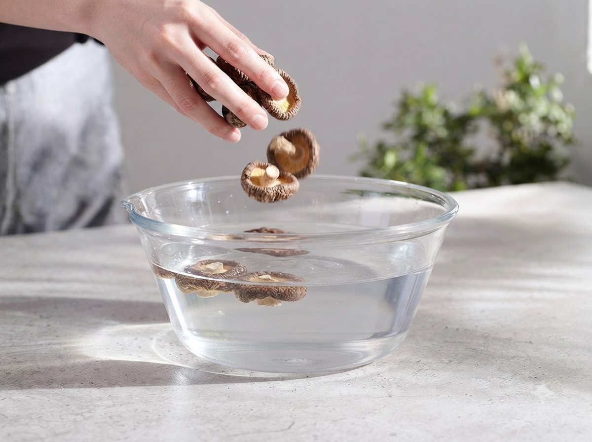 Suszone grzyby shiitake i tea tree moczące się w szklanej misce wypełnionej wodą.
