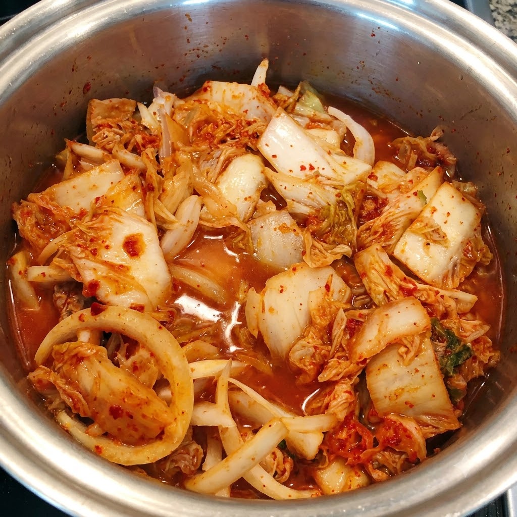 Czysta woda wlewana na podsmażoną mieszaninę kimchi i tuńczyka w garnku.