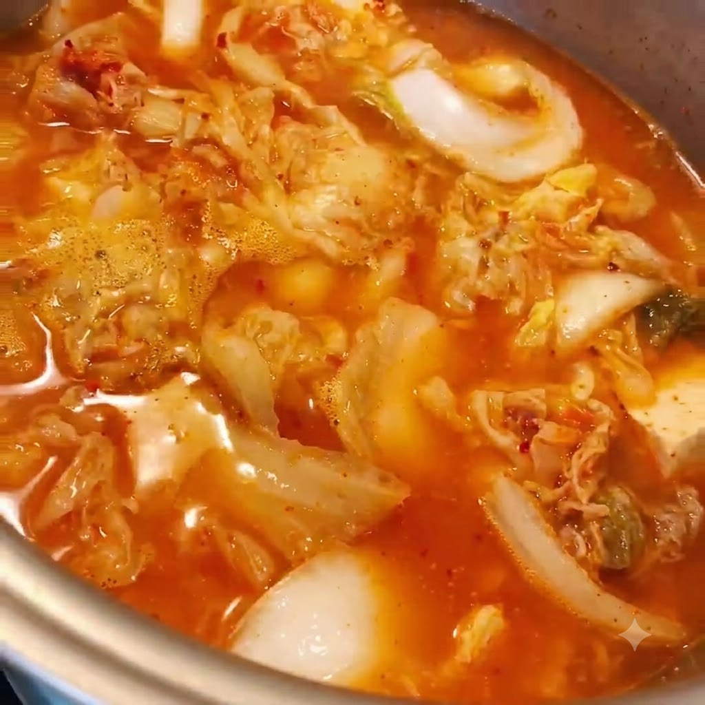 Metalowy garnek wypełniony gotującym się gulaszem kimchi z założoną pokrywką.