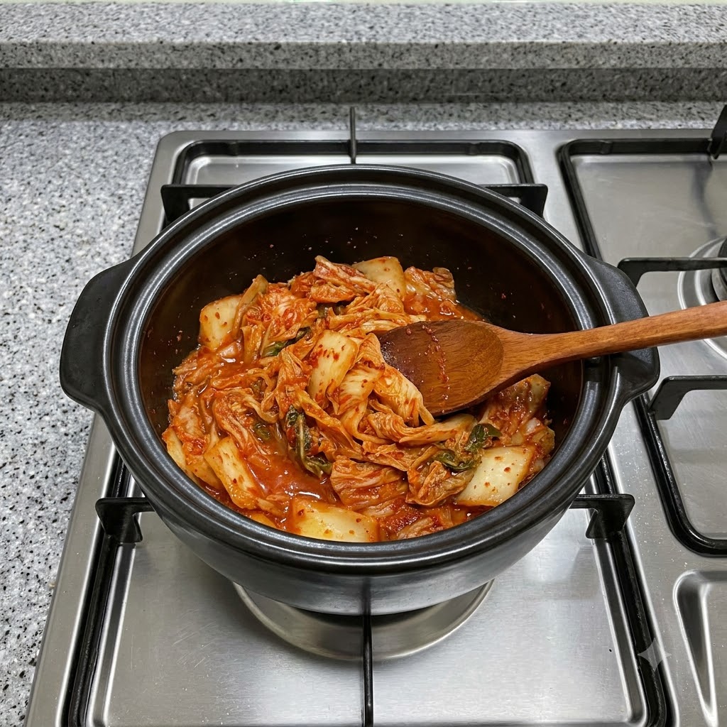 Czerwone kimchi mieszane wewnątrz czarnego glinianego garnka drewnianą łyżką nad kuchenką.