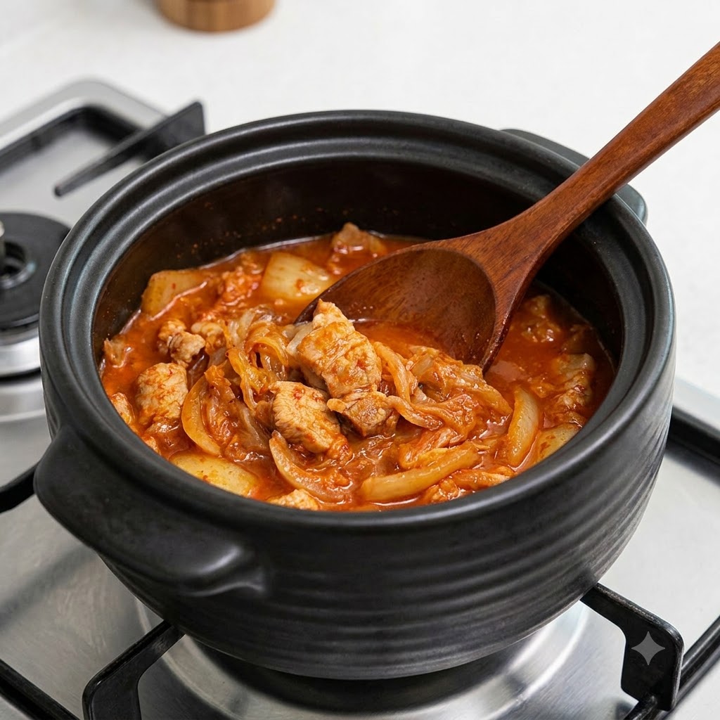 Posiekane kawałki cebuli wymieszane z gotującym się kimchi w ciemnym glinianym garnku.