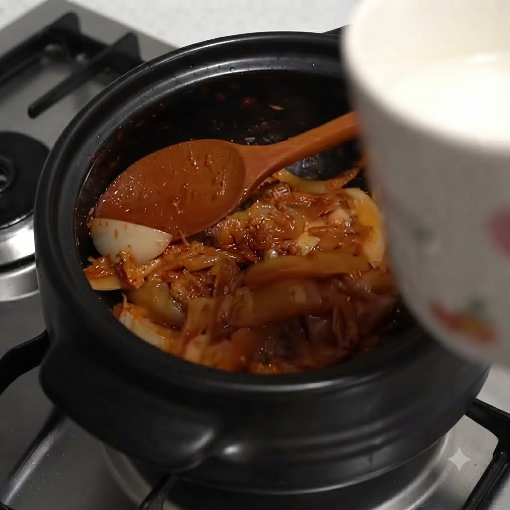 Biały kubek wlewający wodę do garnka wypełnionego ugotowanym kimchi i cebulą.