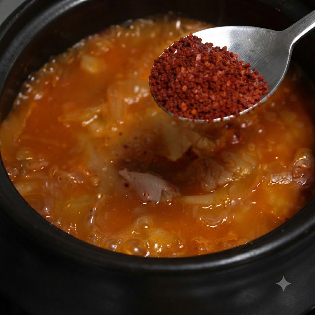 Łyżka trzymająca czerwony proszek chili umieszczona nad wrzącą pomarańczową zupą.