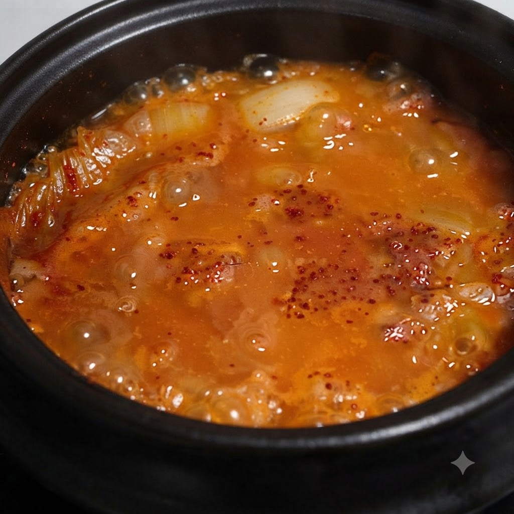 Kawałki tuńczyka z puszki spoczywające na wierzchu gotującej się zupy kimchi.