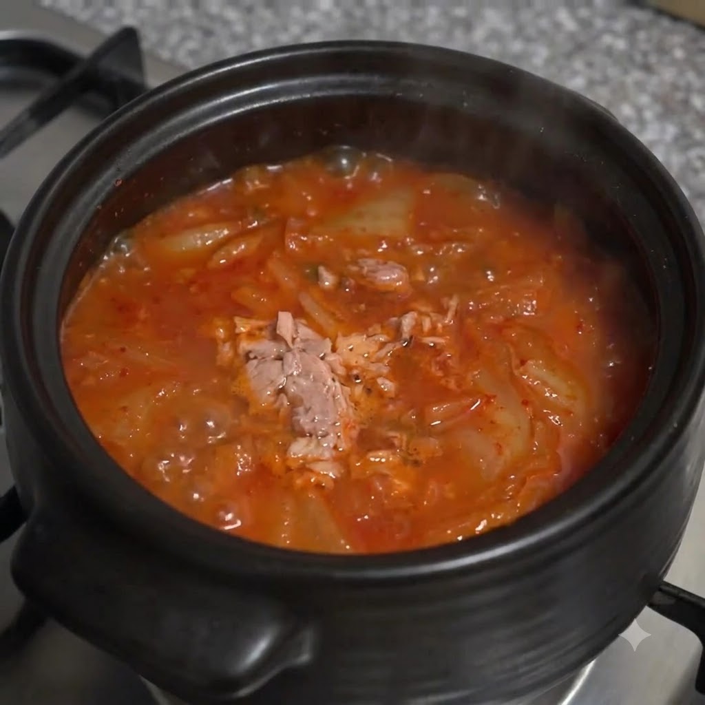 Pokrojona zielona cebulka rozsypana na powierzchni gorącej zupy kimchi i tuńczyka w glinianym garnku.