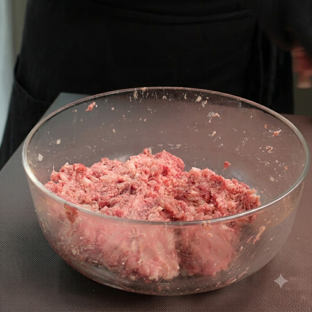 Porcja masy mięsnej odważana na wadze i zwijana w kulkę.