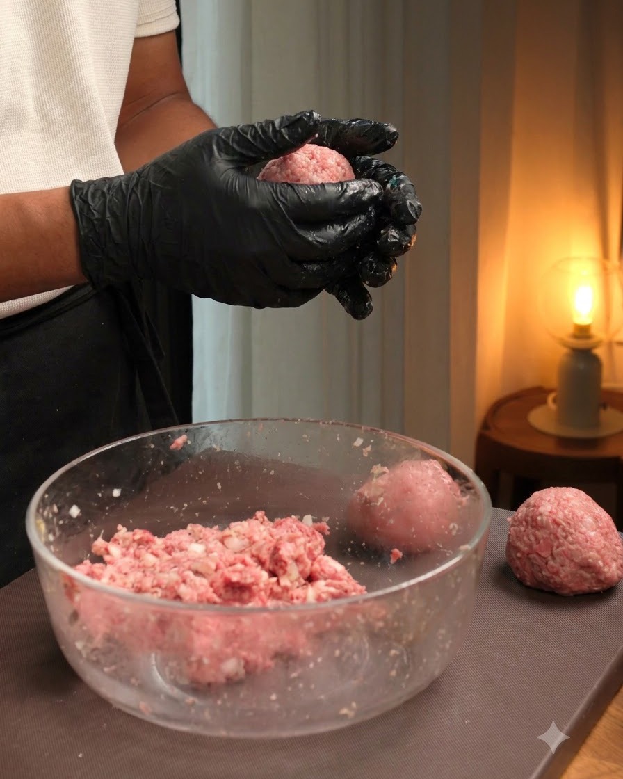 Kulka mięsna formowana i mocno dociskana w okrągły kotlet za pomocą formy.