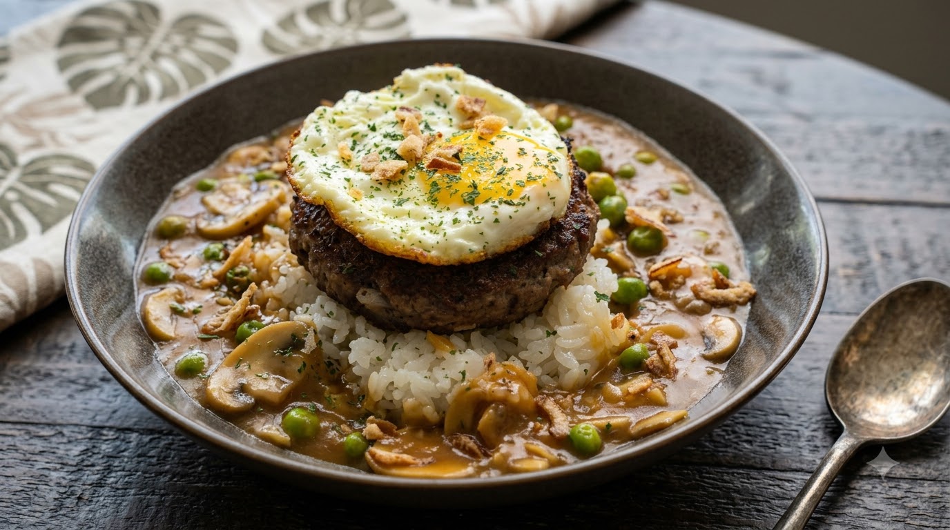 Hawiańska Loco Moco z Burgerem i Ryżem