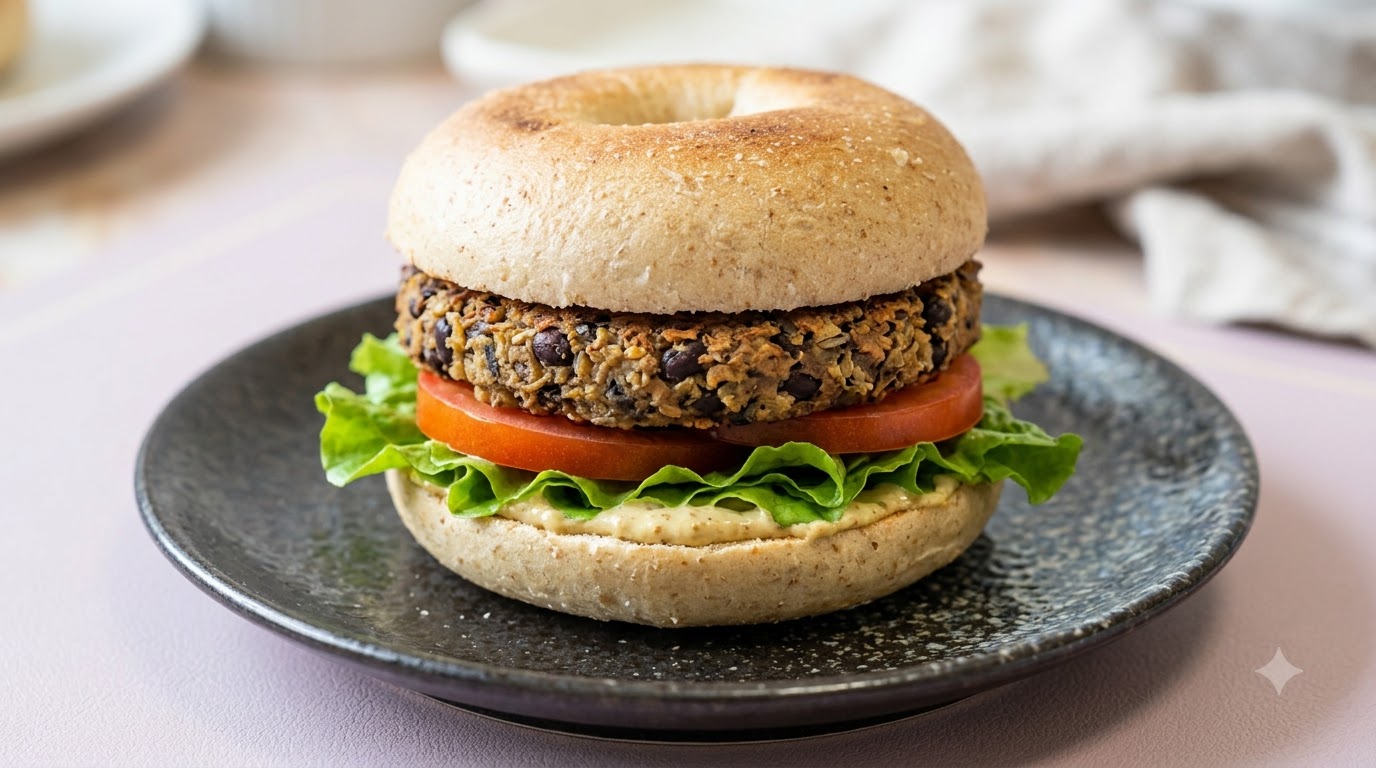 W pełni złożony wegański burger z czarnej fasoli na ciemnym talerzu, z pełnoziarnistą bułką typu bagel, kotletem z czarnej fasoli, plastrem pomidora i świeżą sałatą.