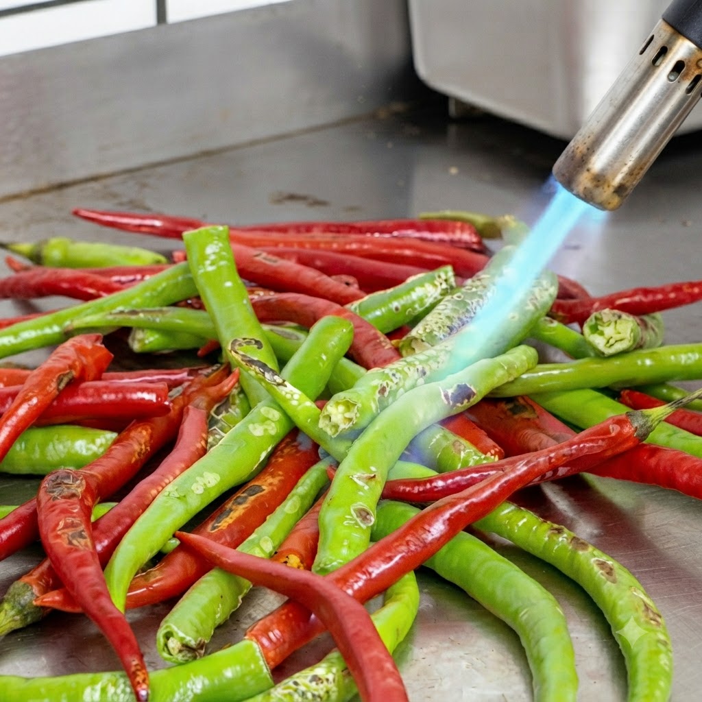Niebieski płomień z palnika opalający powierzchnię czerwonych i zielonych papryczek chili na metalowym stole.