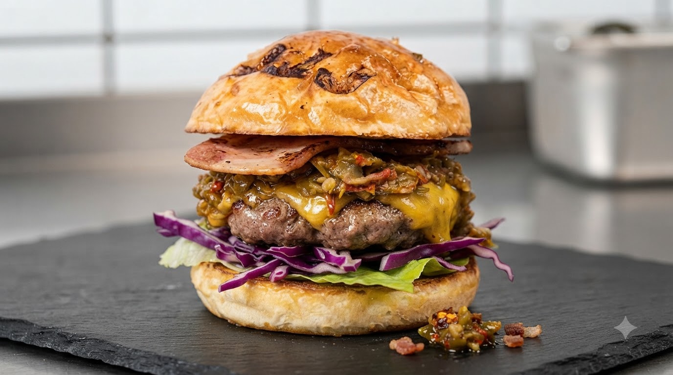 Burger gourmet z wołowiną, tostowaną bułką brioche, czerwoną kapustą, sałatą, soczystym kotletem wołowym z topionym serem, bekonem i podwójnym sosem chili.