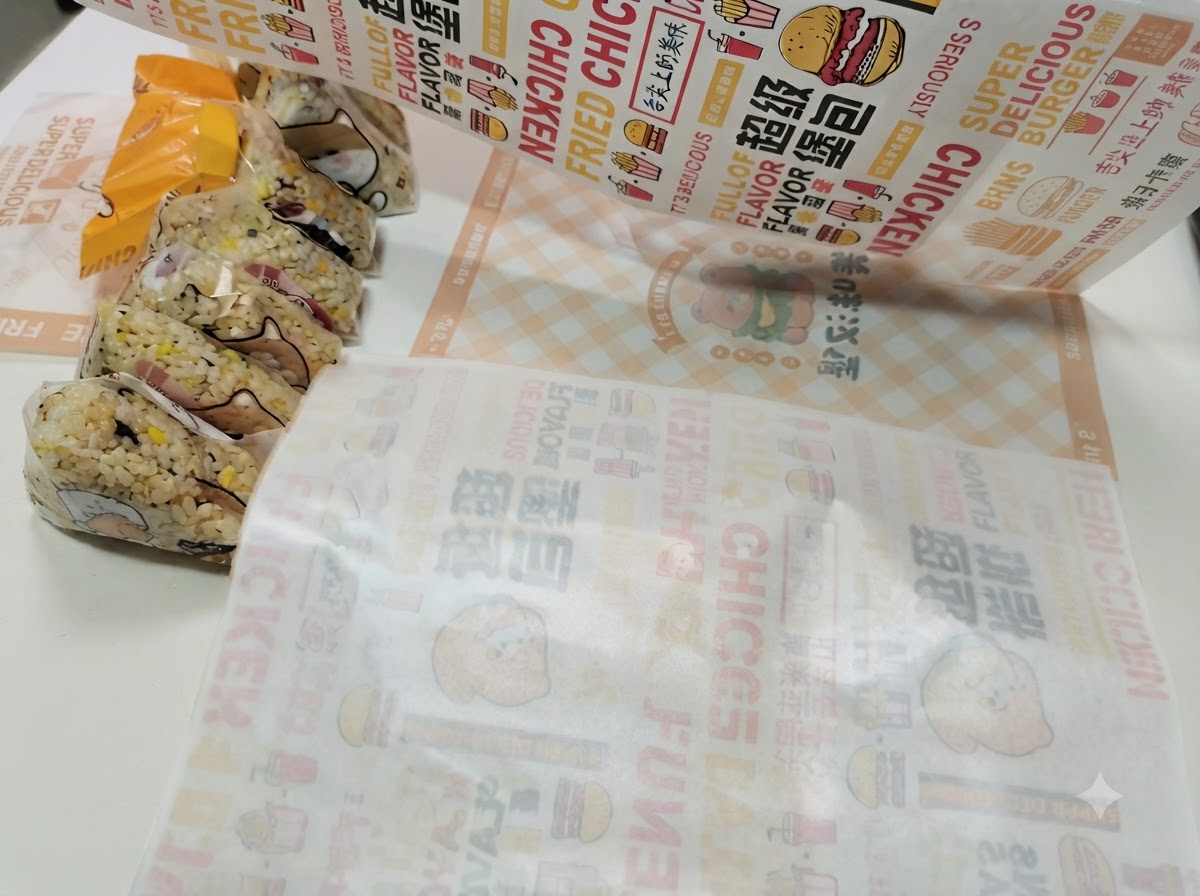 Papier do burgerów ułożony płasko wzorem do dołu, a na nim położone połówki podgrzanej bułki.