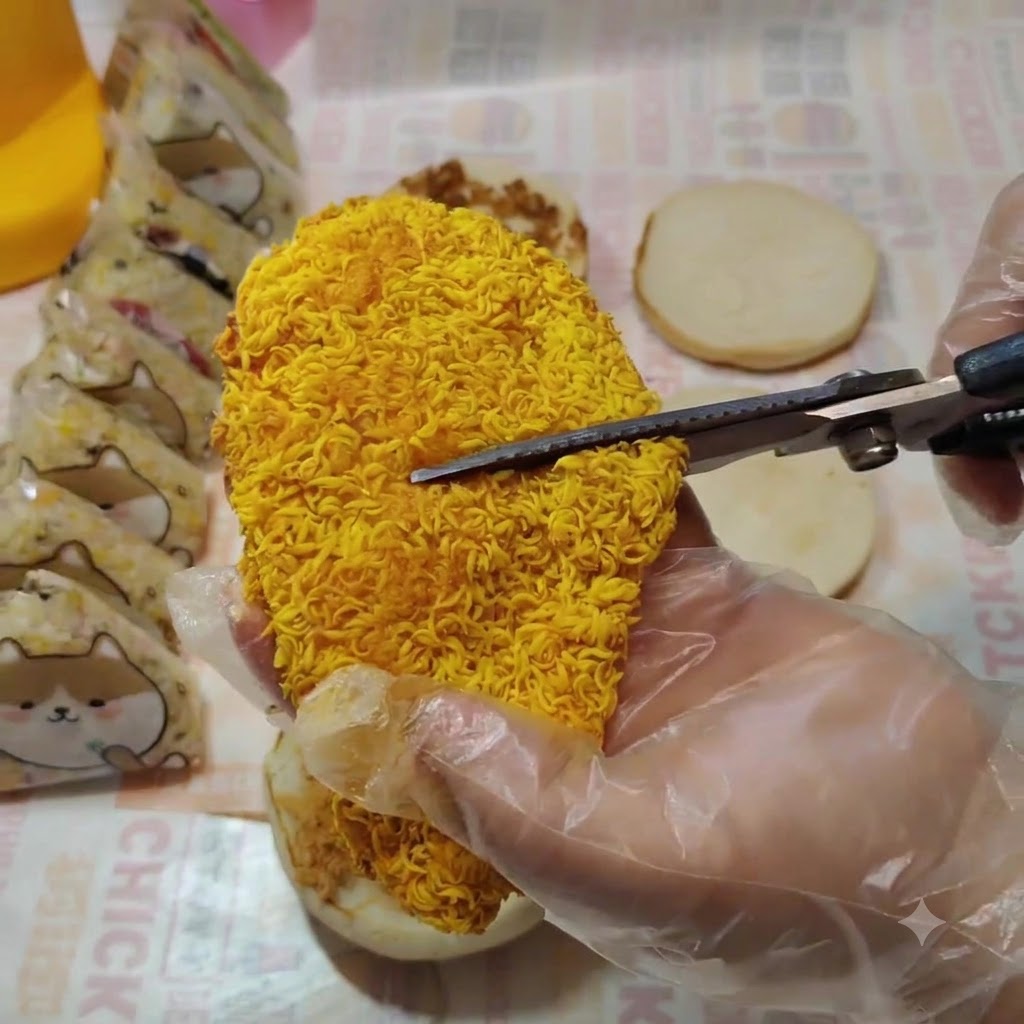 Chrupiący kotlet z kurczaka krojony na pół za pomocą nożyczek kuchennych.