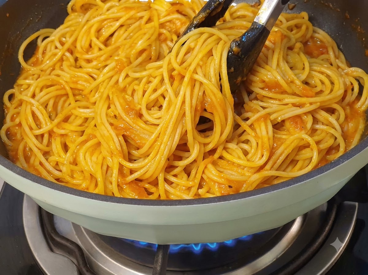 Szczypce dokładnie mieszające żółty makaron spaghetti na patelni z zieloną rączką wypełnionej pomarańczowo-czerwonym sosem mięsnym.